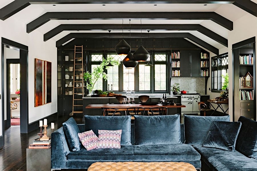 a living room with a blue couch