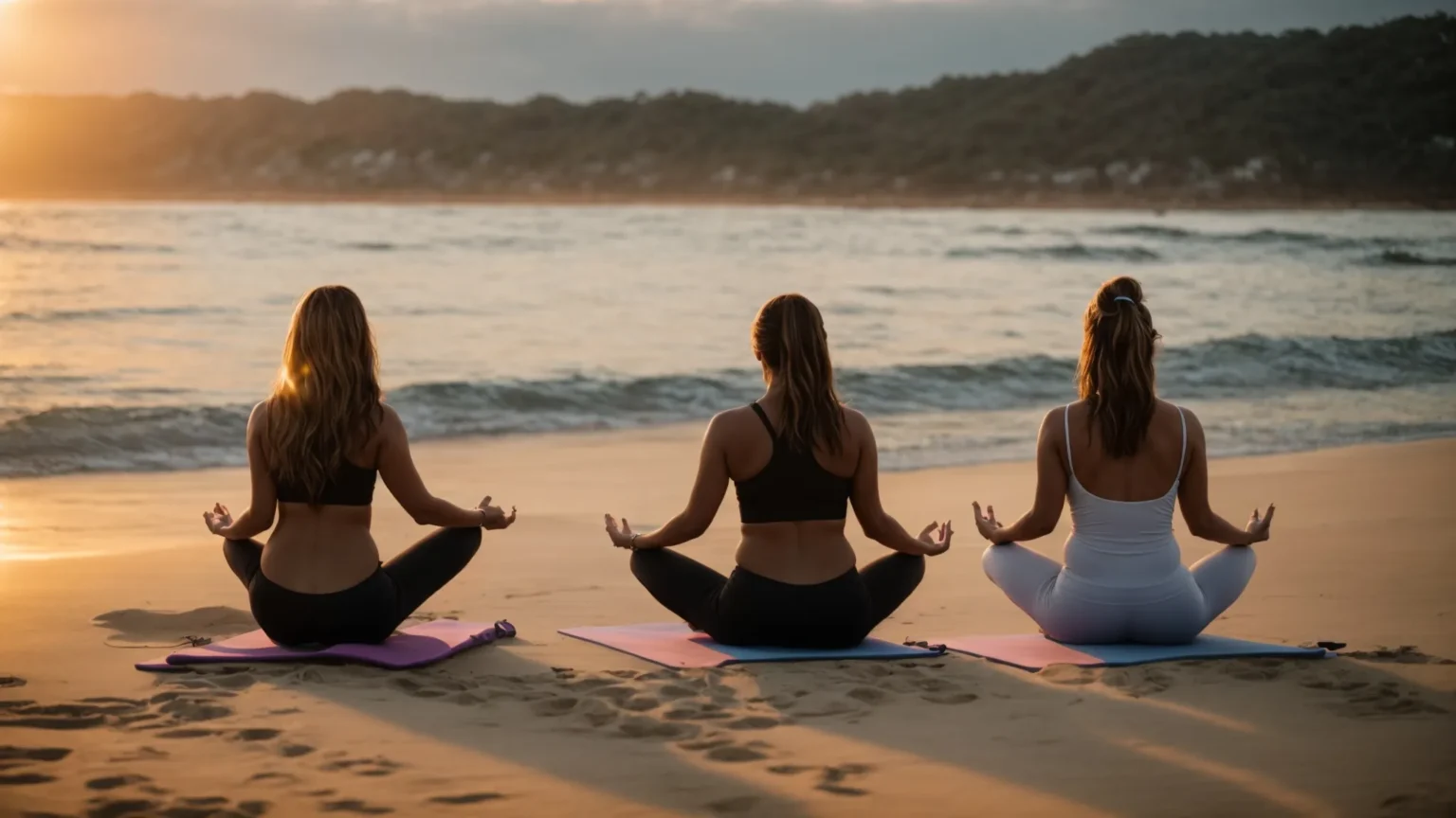 a group of women practice yoga during sunset on a tranquil beach, embodying peace and rejuvenation.