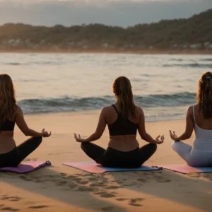 a group of women practice yoga during sunset on a tranquil beach, embodying peace and rejuvenation.