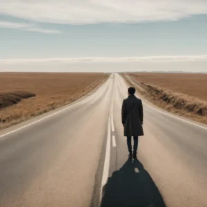 a person standing at a crossroad under a clear sky, looking ahead with an open road splitting into two directions.