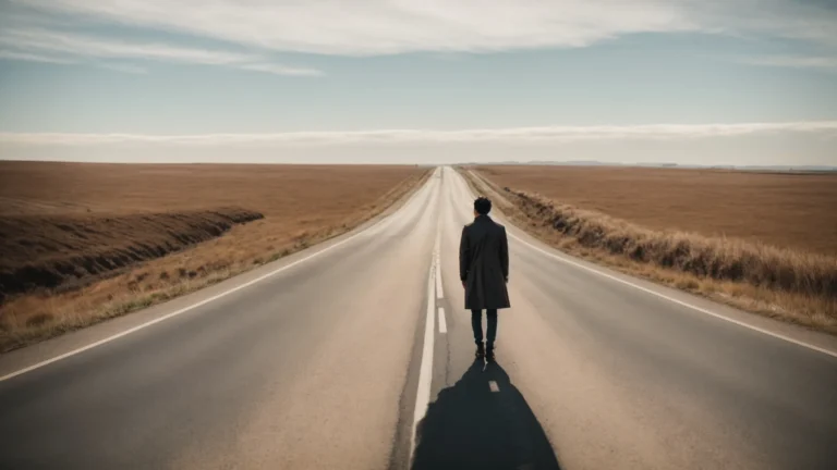 a person standing at a crossroad under a clear sky, looking ahead with an open road splitting into two directions.