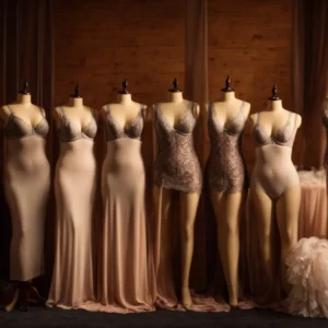 an array of diverse mannequins display stylish plus size lingerie against a warm, softly lit background.