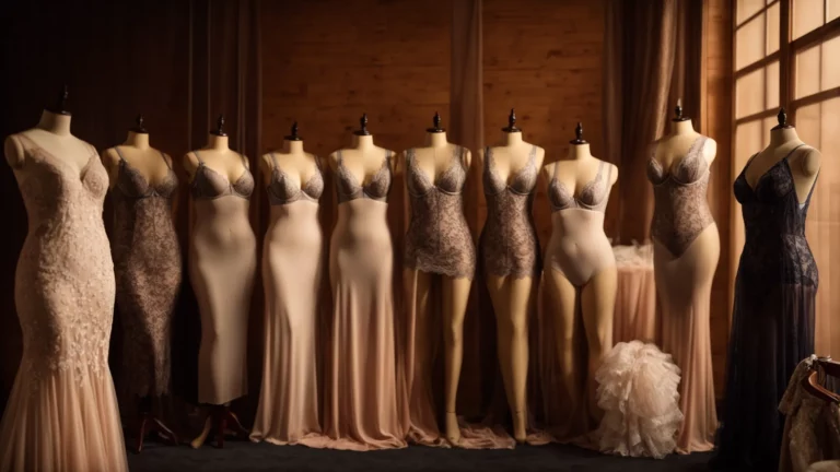 an array of diverse mannequins display stylish plus size lingerie against a warm, softly lit background.