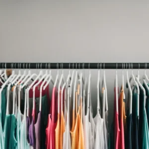 a neatly organized row of colorful tank tops displayed on hangers against a clean, white background.