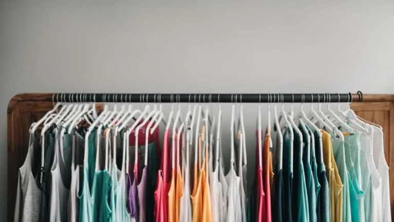 a neatly organized row of colorful tank tops displayed on hangers against a clean, white background.