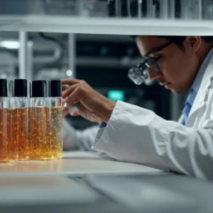 a researcher in a lab coat analyzes a vial of chemical compound next to a computer displaying molecular structures.