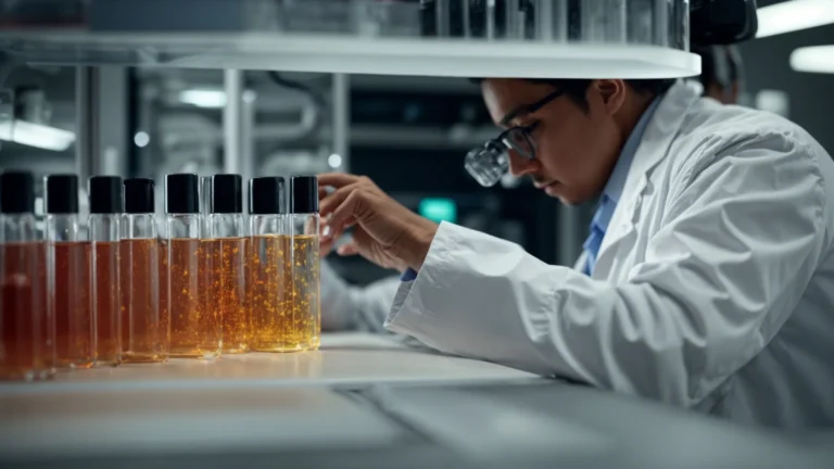 a researcher in a lab coat analyzes a vial of chemical compound next to a computer displaying molecular structures.