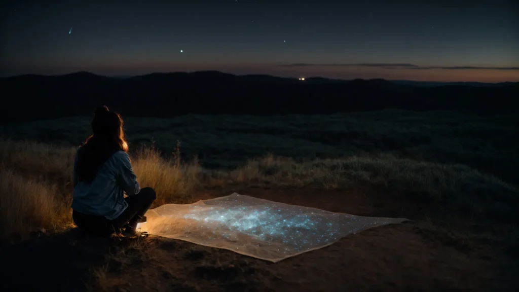 a person gazes into a clear night sky, mapping constellations with a luminous telescope.
