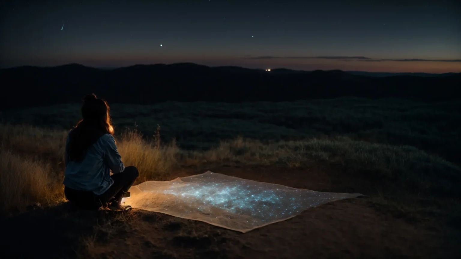 a person gazes into a clear night sky, mapping constellations with a luminous telescope.