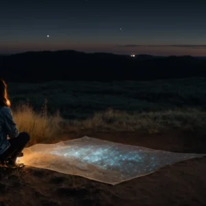 a person gazes into a clear night sky, mapping constellations with a luminous telescope.