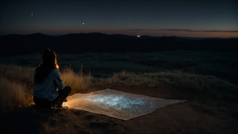 a person gazes into a clear night sky, mapping constellations with a luminous telescope.