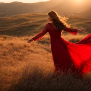 a woman spins gracefully in a flowing, vibrant red dress, her silhouette catching the evening light.