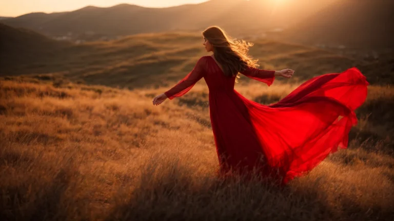 a woman spins gracefully in a flowing, vibrant red dress, her silhouette catching the evening light.