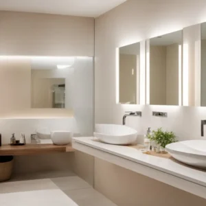 a modern bathroom features sleek, new fixtures and bright lighting, showcasing a recent renovation by professional contractors.