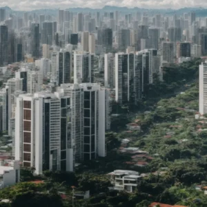 panoramic view of a modern city skyline in the philippines with high-rise buildings under a clear sky, reflecting prosperity and growth.
