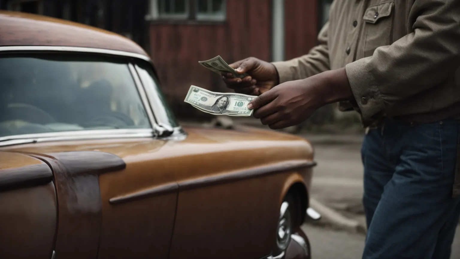 a man hands over cash to another beside a rusty, old car, ready to be towed away.