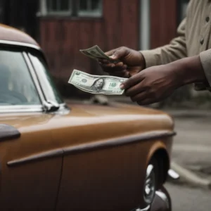 a man hands over cash to another beside a rusty, old car, ready to be towed away.