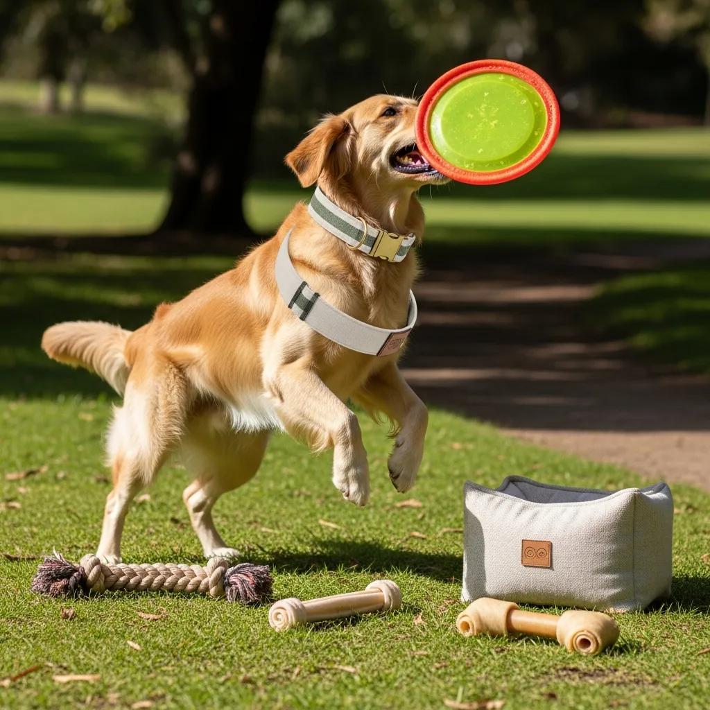 Eco-friendly dog gear made from sustainable materials, with a dog playing outdoors