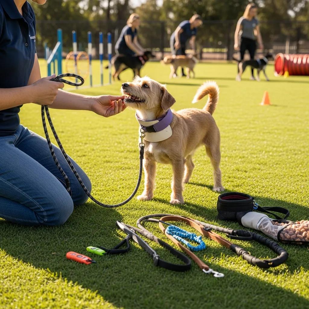 Trainer using gentle training collar with a small dog, surrounded by various dog training equipment
