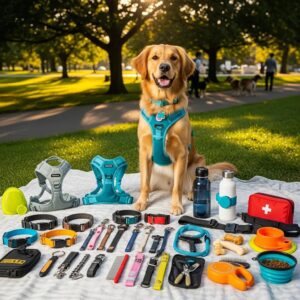 Variety of essential dog gear including collars, harnesses, and grooming tools in a sunny park setting