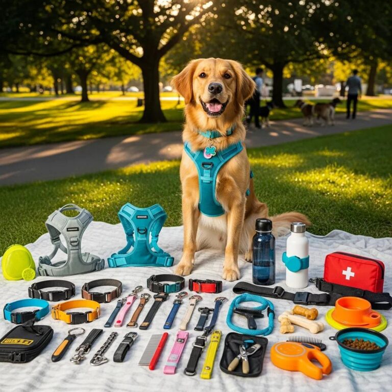 Variety of essential dog gear including collars, harnesses, and grooming tools in a sunny park setting