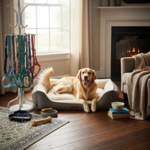 Variety of dog gear including collars, harnesses, and beds in a cozy home setting